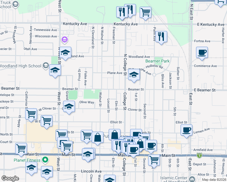 map of restaurants, bars, coffee shops, grocery stores, and more near 403 Beamer Street in Woodland