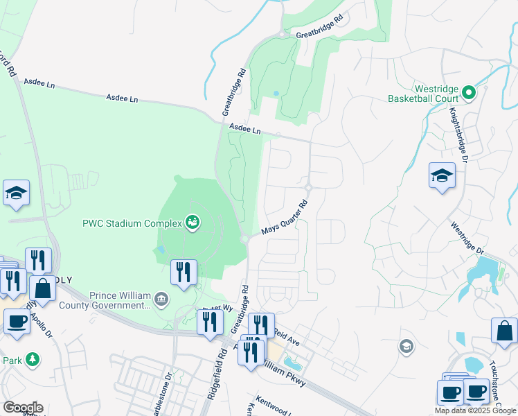 map of restaurants, bars, coffee shops, grocery stores, and more near 12270 Cranford Drive in Woodbridge