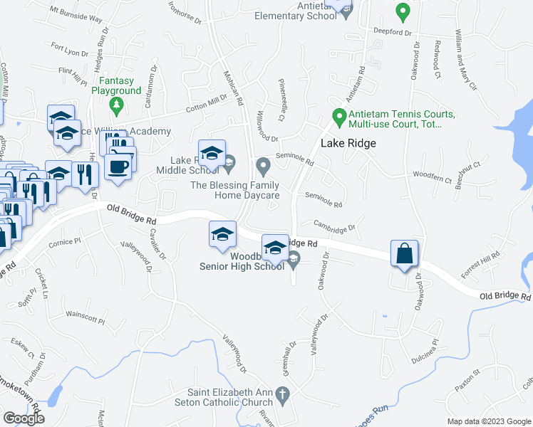 map of restaurants, bars, coffee shops, grocery stores, and more near 3087 Tecumseh Court in Woodbridge