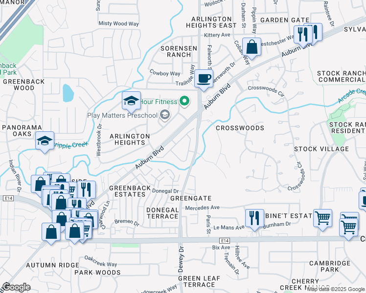 map of restaurants, bars, coffee shops, grocery stores, and more near 6546 Auburn Boulevard in Citrus Heights