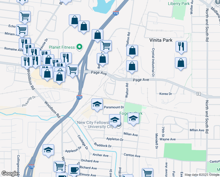 map of restaurants, bars, coffee shops, grocery stores, and more near 8610 Page Avenue in Overland