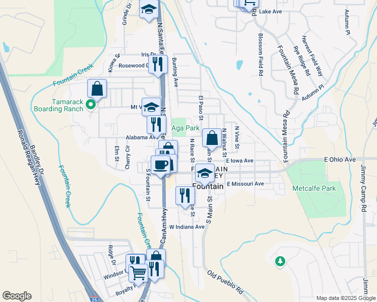 map of restaurants, bars, coffee shops, grocery stores, and more near 225 North Race Street in Fountain