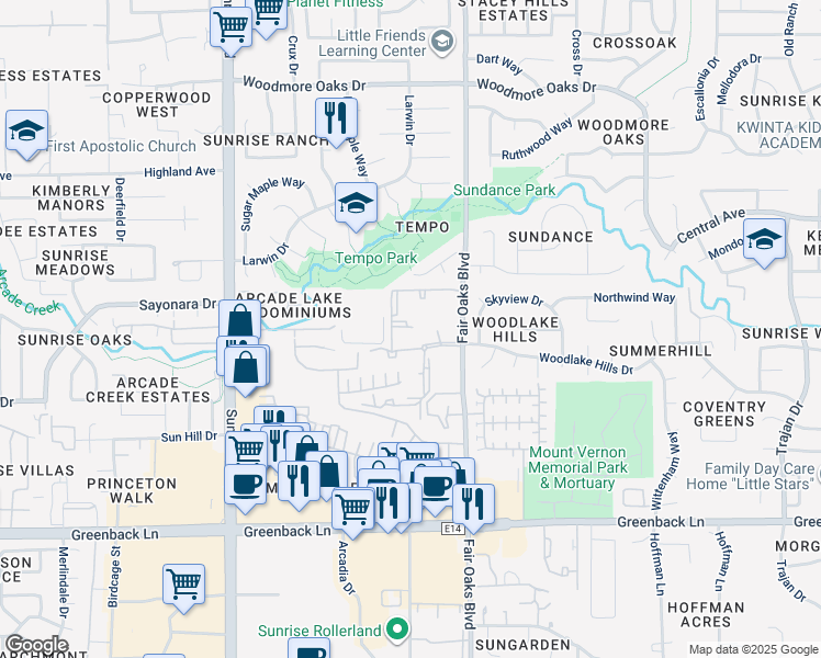 map of restaurants, bars, coffee shops, grocery stores, and more near 12801 Fair Oaks Boulevard in Citrus Heights