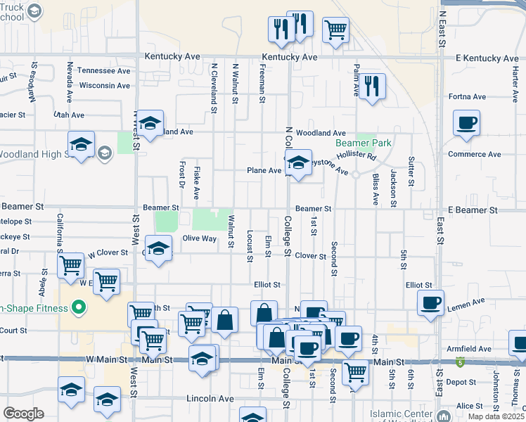 map of restaurants, bars, coffee shops, grocery stores, and more near 403 Beamer Street in Woodland
