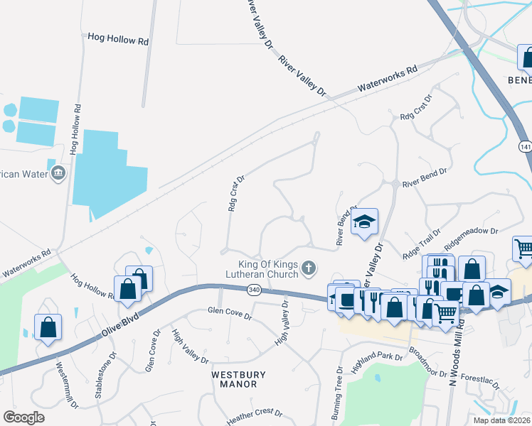 map of restaurants, bars, coffee shops, grocery stores, and more near 108 Shady Valley Drive in Chesterfield