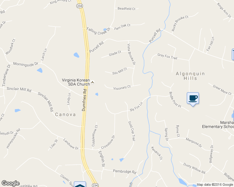 map of restaurants, bars, coffee shops, grocery stores, and more near 7719 Visionary Court in Manassas