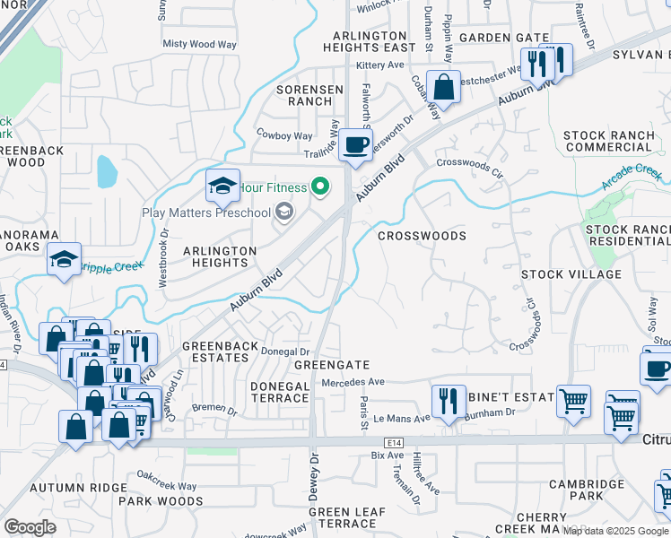 map of restaurants, bars, coffee shops, grocery stores, and more near 6628 Evesham Court in Citrus Heights