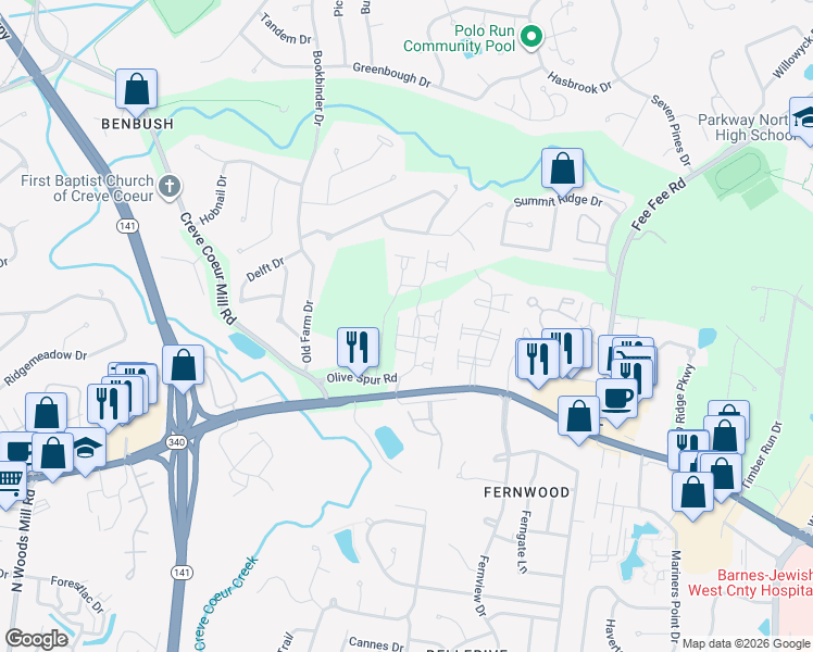 map of restaurants, bars, coffee shops, grocery stores, and more near 1241 Woodland Point Drive in St. Louis