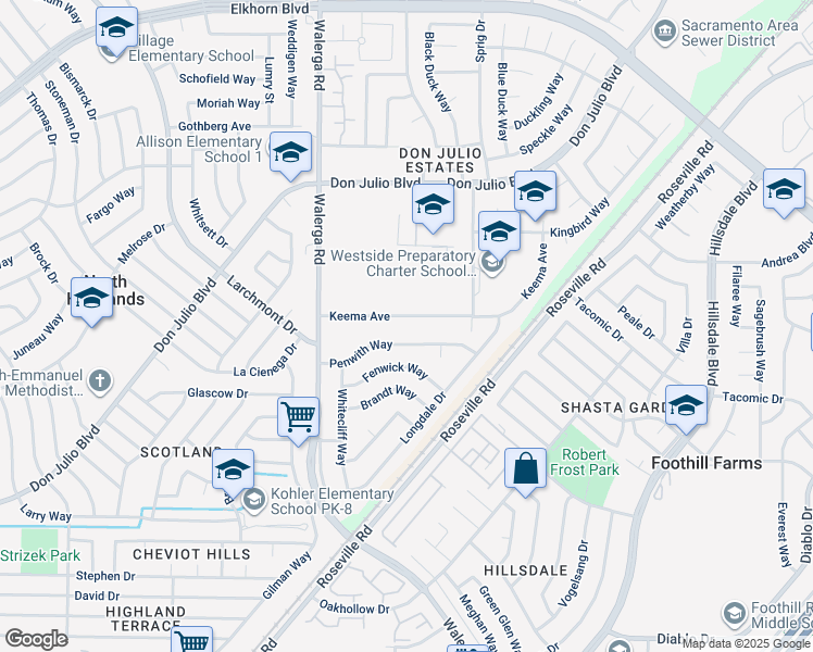 map of restaurants, bars, coffee shops, grocery stores, and more near 4330 Keema Avenue in North Highlands