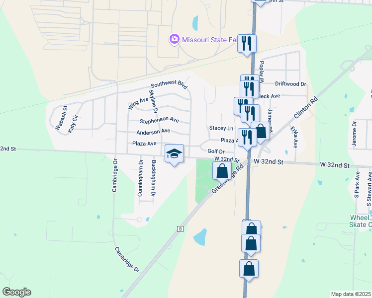 map of restaurants, bars, coffee shops, grocery stores, and more near 2501 Plaza Avenue in Sedalia