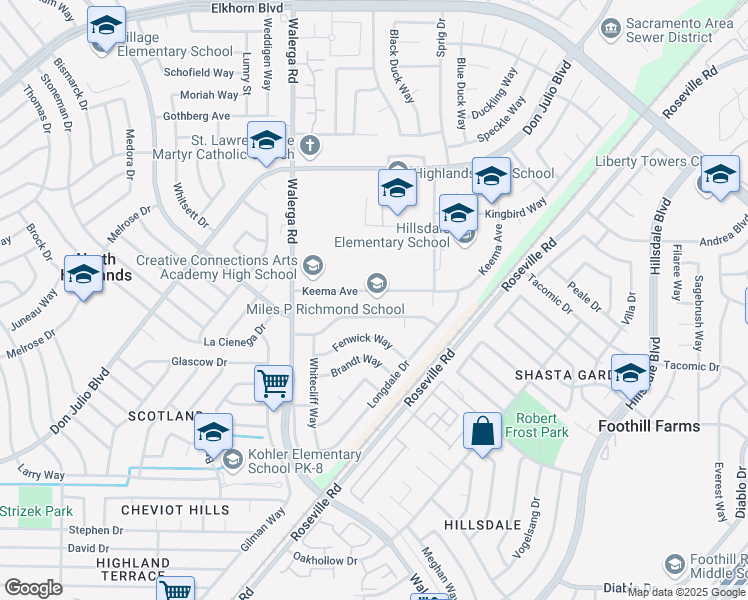 map of restaurants, bars, coffee shops, grocery stores, and more near 4330 Keema Avenue in North Highlands