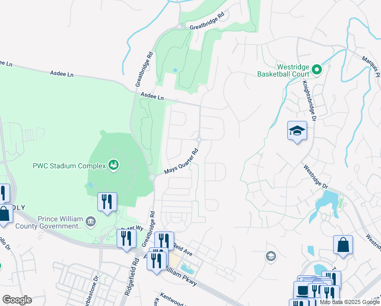 map of restaurants, bars, coffee shops, grocery stores, and more near 12416 Mays Quarter Road in Woodbridge