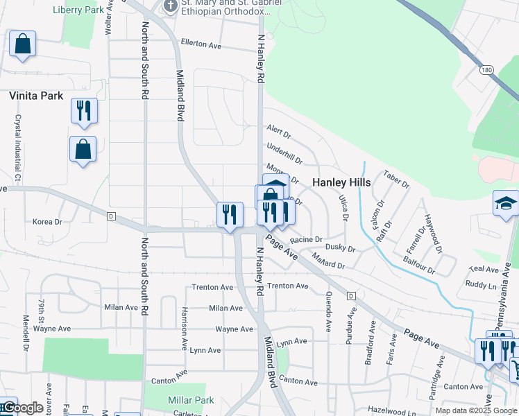 map of restaurants, bars, coffee shops, grocery stores, and more near 1730 North Hanley Road in St. Louis