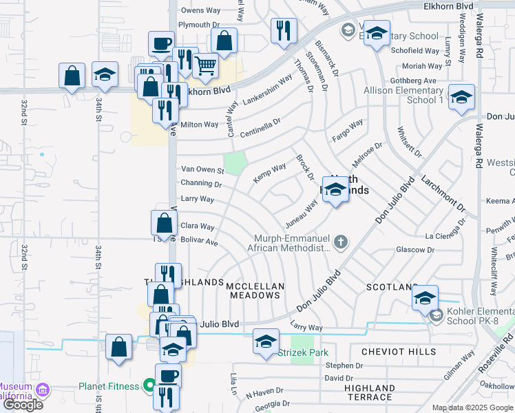 map of restaurants, bars, coffee shops, grocery stores, and more near 6504 Holiday Way in North Highlands
