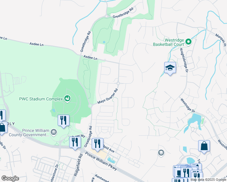 map of restaurants, bars, coffee shops, grocery stores, and more near 12416 Mays Quarter Road in Woodbridge