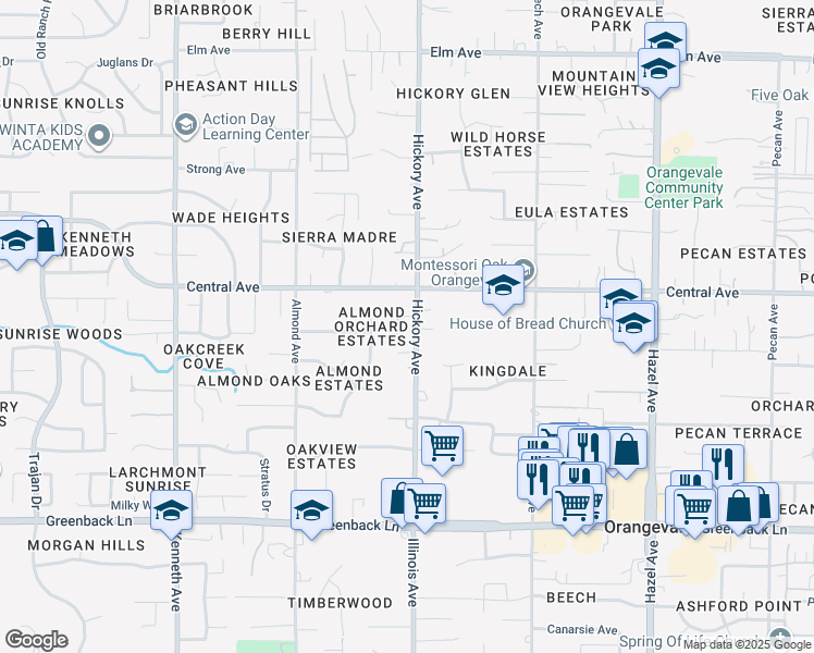 map of restaurants, bars, coffee shops, grocery stores, and more near 6527 Hickory Avenue in Orangevale