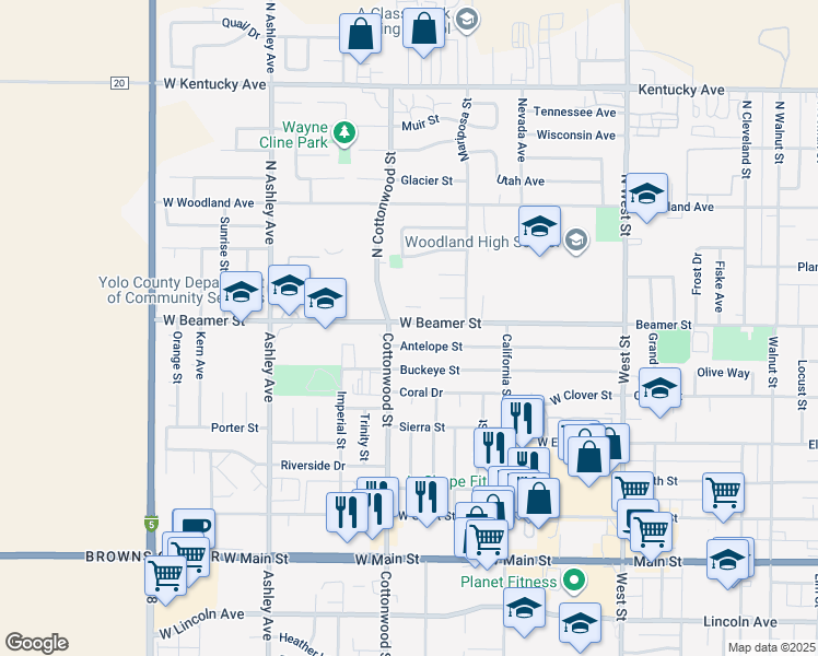 map of restaurants, bars, coffee shops, grocery stores, and more near 178 West Beamer Street in Woodland