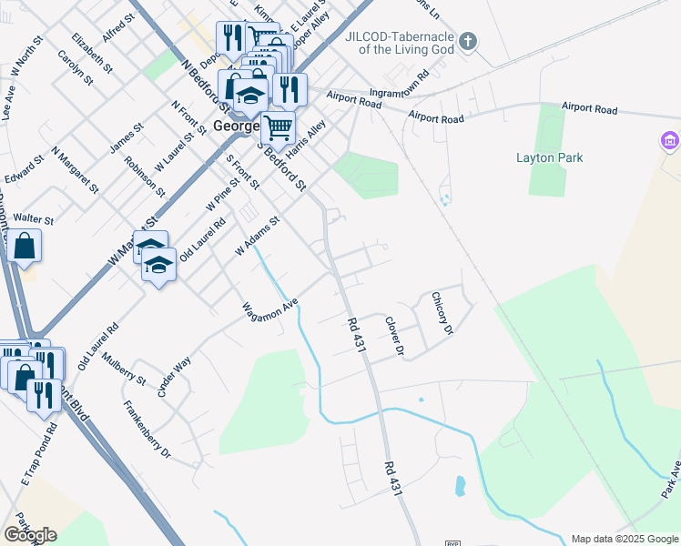 map of restaurants, bars, coffee shops, grocery stores, and more near 243 South Bedford Street in Georgetown