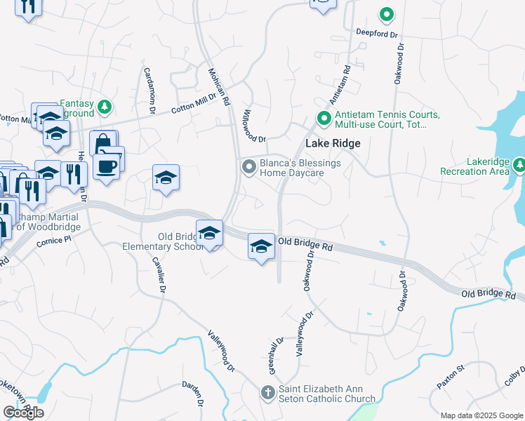 map of restaurants, bars, coffee shops, grocery stores, and more near 3075 Tecumseh Court in Woodbridge