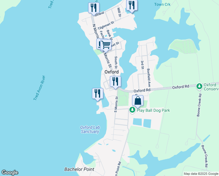 map of restaurants, bars, coffee shops, grocery stores, and more near Caroline Street in Oxford