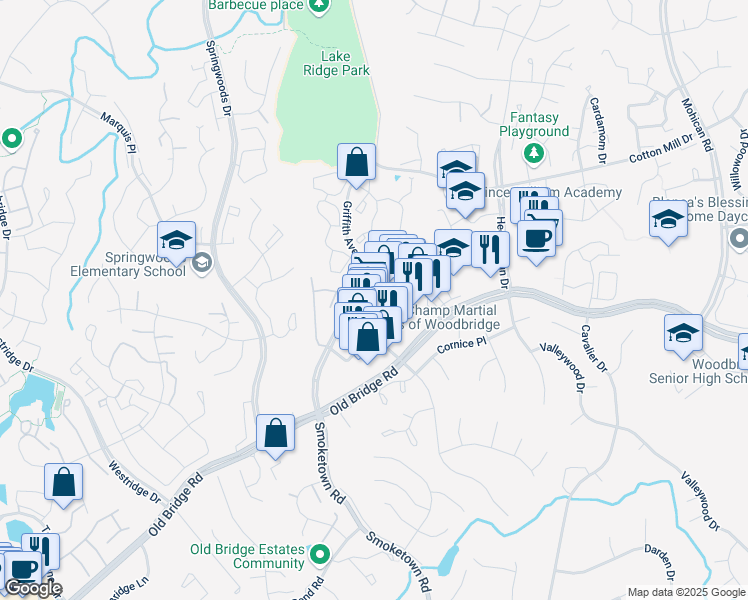 map of restaurants, bars, coffee shops, grocery stores, and more near 12420 Dillingham Square in Lake Ridge