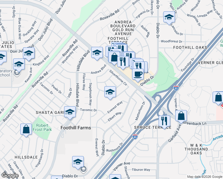 map of restaurants, bars, coffee shops, grocery stores, and more near 6606 Modesto Drive in Sacramento