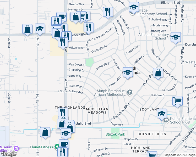 map of restaurants, bars, coffee shops, grocery stores, and more near 6504 Holiday Way in North Highlands