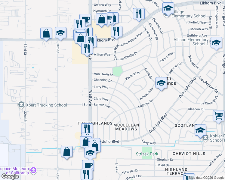 map of restaurants, bars, coffee shops, grocery stores, and more near 6508 Larry Way in North Highlands