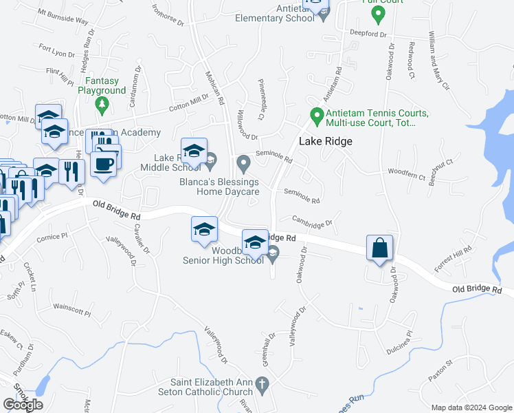 map of restaurants, bars, coffee shops, grocery stores, and more near 3073 Tecumseh Court in Woodbridge