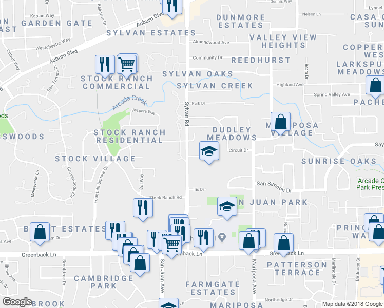 map of restaurants, bars, coffee shops, grocery stores, and more near 6532 Sylvan Road in Citrus Heights