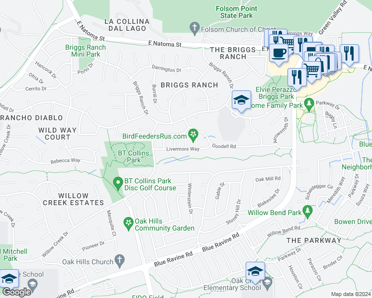 map of restaurants, bars, coffee shops, grocery stores, and more near 101 Grimes Way in Folsom