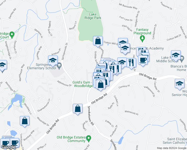 map of restaurants, bars, coffee shops, grocery stores, and more near 12419 Goa Place in Woodbridge