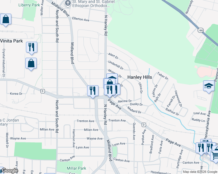 map of restaurants, bars, coffee shops, grocery stores, and more near 1730 North Hanley Road in St. Louis