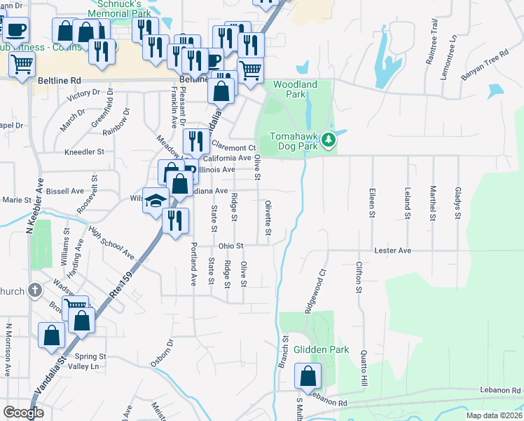 map of restaurants, bars, coffee shops, grocery stores, and more near 1222 Olive Street in Collinsville