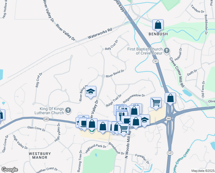 map of restaurants, bars, coffee shops, grocery stores, and more near 228 River Valley Drive in Chesterfield