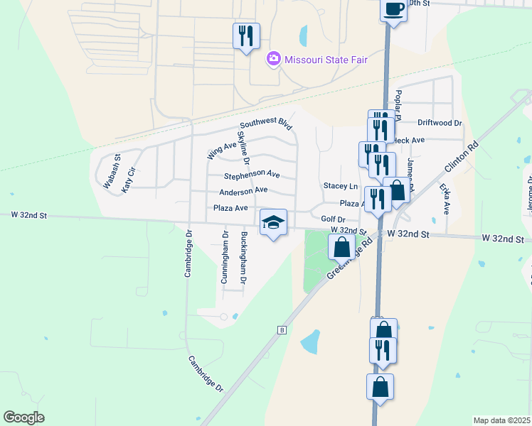 map of restaurants, bars, coffee shops, grocery stores, and more near 2501-2581 Plaza Avenue in Sedalia