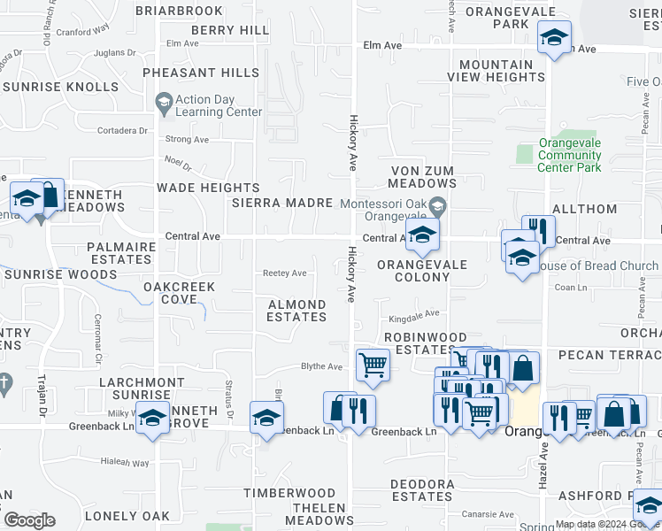 map of restaurants, bars, coffee shops, grocery stores, and more near 6527 Hickory Avenue in Orangevale