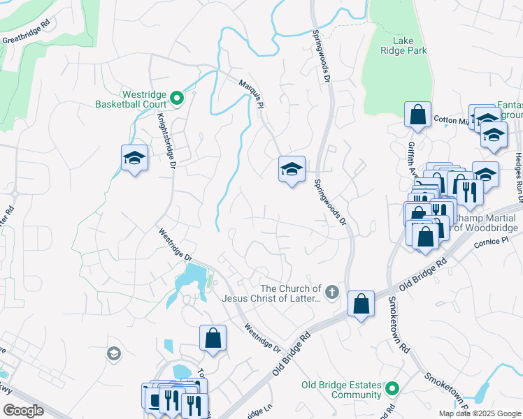 map of restaurants, bars, coffee shops, grocery stores, and more near 3858 Appaloosa Drive in Woodbridge