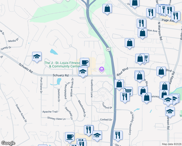 map of restaurants, bars, coffee shops, grocery stores, and more near 18 Millstone Campus Drive in St. Louis