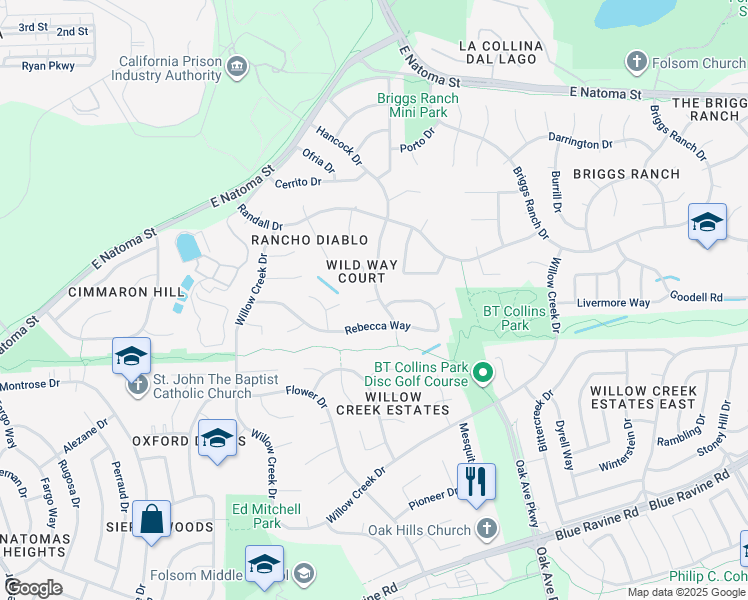 map of restaurants, bars, coffee shops, grocery stores, and more near Dixon Court in Folsom