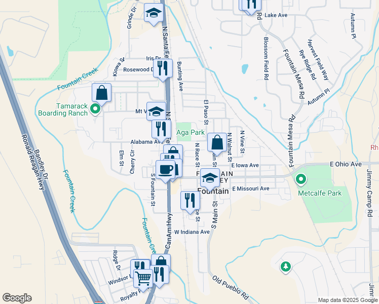 map of restaurants, bars, coffee shops, grocery stores, and more near 221 North Race Street in Fountain
