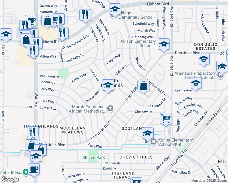 map of restaurants, bars, coffee shops, grocery stores, and more near in North Highlands
