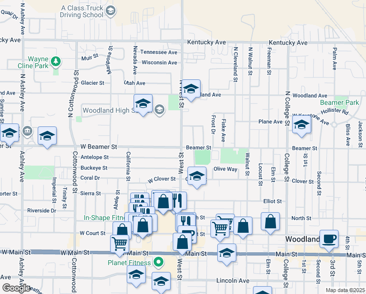 map of restaurants, bars, coffee shops, grocery stores, and more near 9 Beamer Street in Woodland