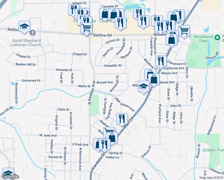 map of restaurants, bars, coffee shops, grocery stores, and more near 1108 Roosevelt Avenue in Collinsville