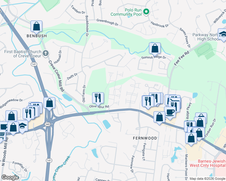 map of restaurants, bars, coffee shops, grocery stores, and more near 1241 Woodland Point Drive in St. Louis