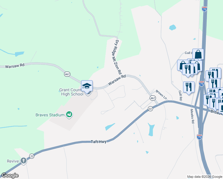 map of restaurants, bars, coffee shops, grocery stores, and more near 32 Ridge View Circle in Dry Ridge