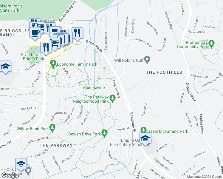 map of restaurants, bars, coffee shops, grocery stores, and more near 1235 Darling Way in Folsom