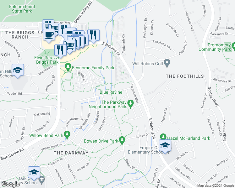 map of restaurants, bars, coffee shops, grocery stores, and more near 1661 Bayer Court in Folsom