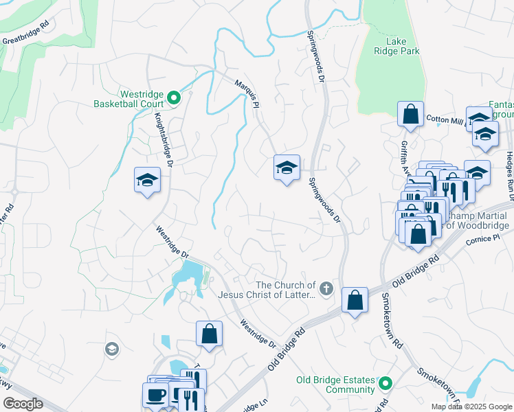 map of restaurants, bars, coffee shops, grocery stores, and more near 3858 Appaloosa Drive in Woodbridge