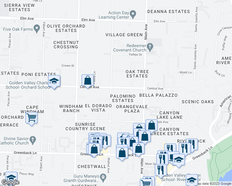 map of restaurants, bars, coffee shops, grocery stores, and more near 6534 Walnut Avenue in Orangevale